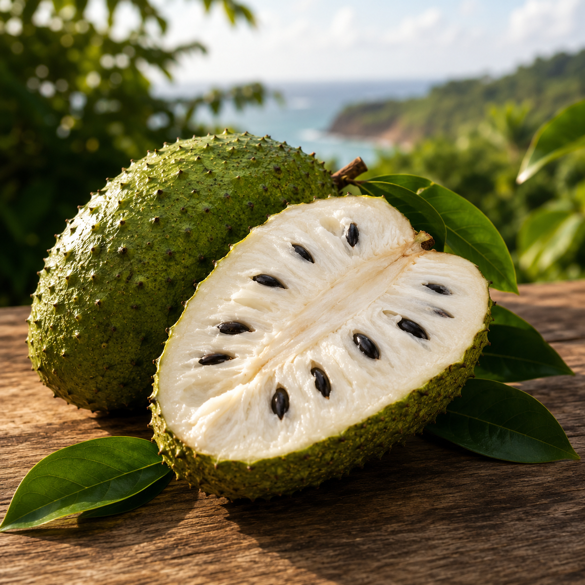 A whole soursop beside a cut half showing creamy white flesh and black seeds, with the Grenada coast behind.