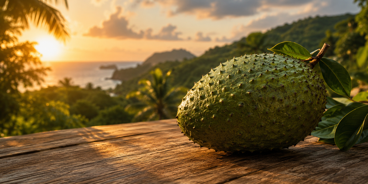 A whole fresh soursop on a wooden table with the Grenada coastline at golden hour.
