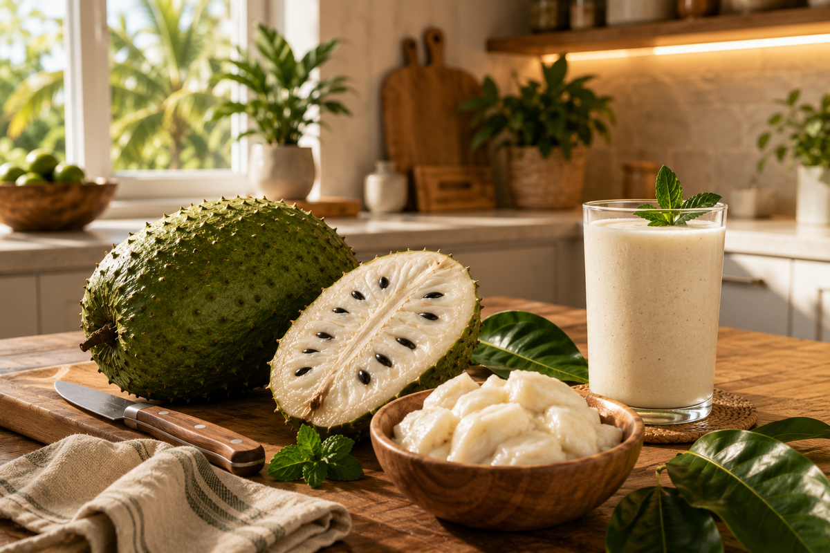 Fresh soursop, pulp, and a smoothie on a sunlit wooden kitchen counter with a tropical view.