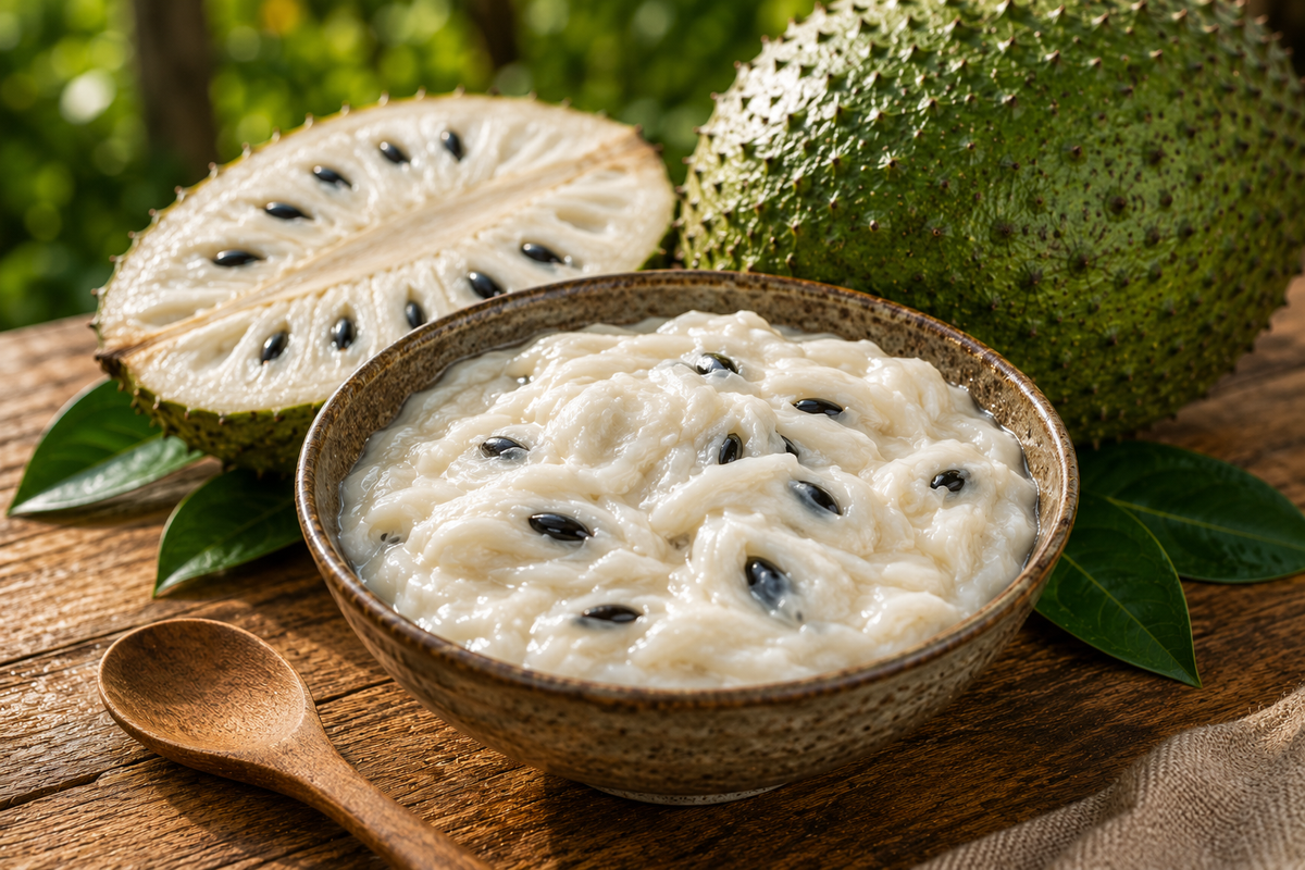 A bowl of creamy soursop pulp beside a cut half and whole fruit on a wooden table.
